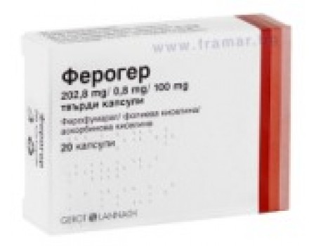 Feroger 202.8 mg. 0.8 mg. 100 mg. 20 capsules